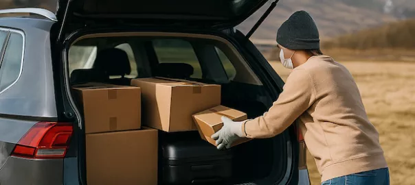 Person packar bil med flyttkartonger och resväskor inför flytt till fjällen